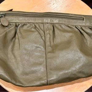 Ladies’ BILL DORF Vintage Leather CLUTCH Zip Purse Army Green Black Logo Lining